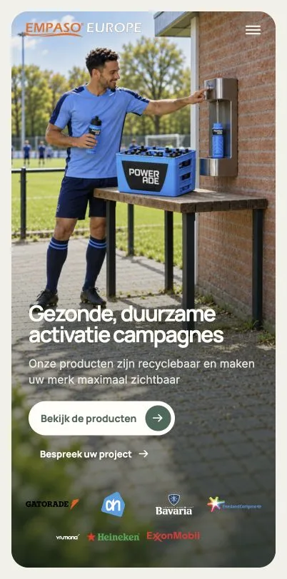 De actuele mobiele Empaso-homepage met het watertappunt, de contactknoppen en klantlogo’s